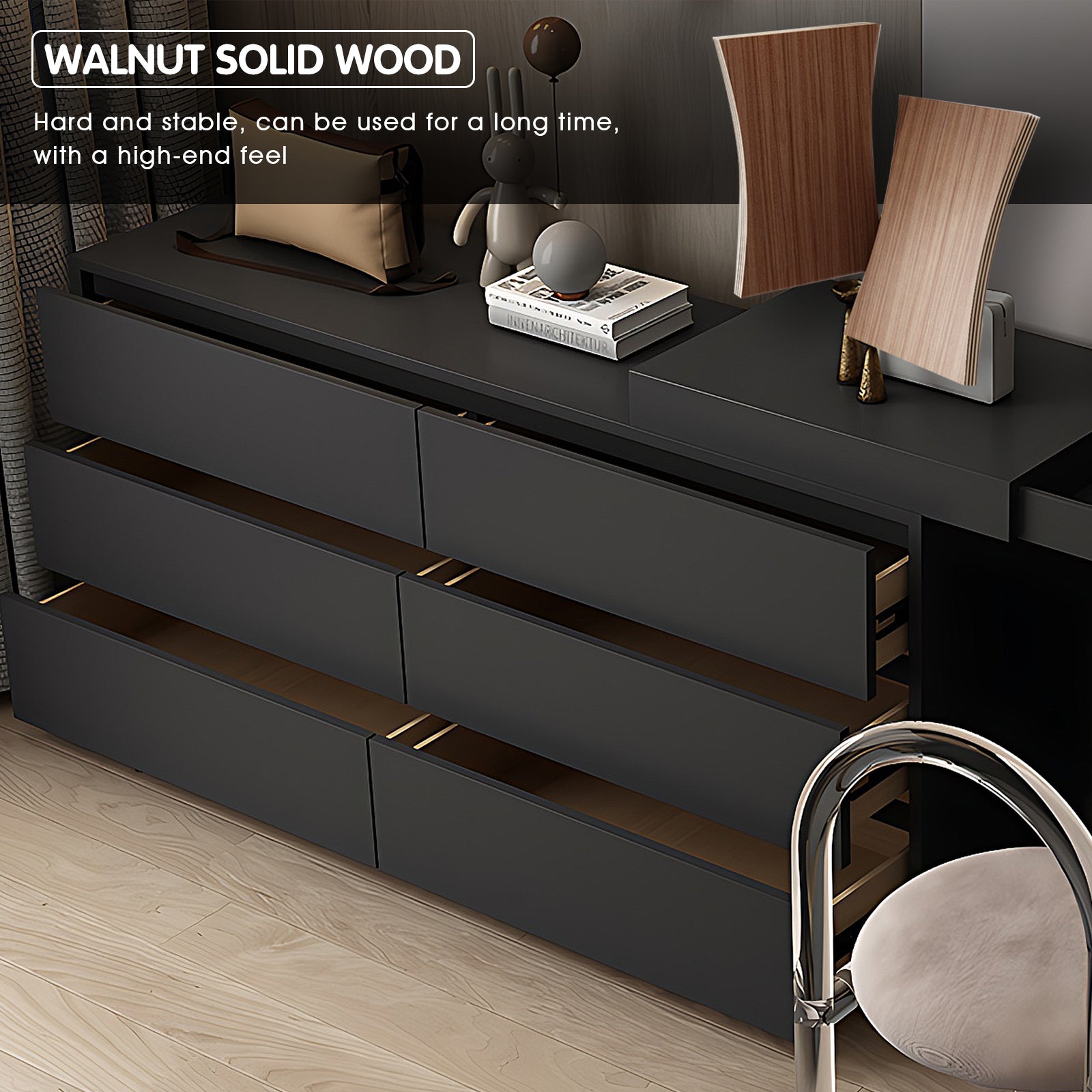 Modern Black 6-Drawer Dresser with Embedded Mirror High QLO Modern Black 6-Drawer Dresser with Embedded Mirror High QLO