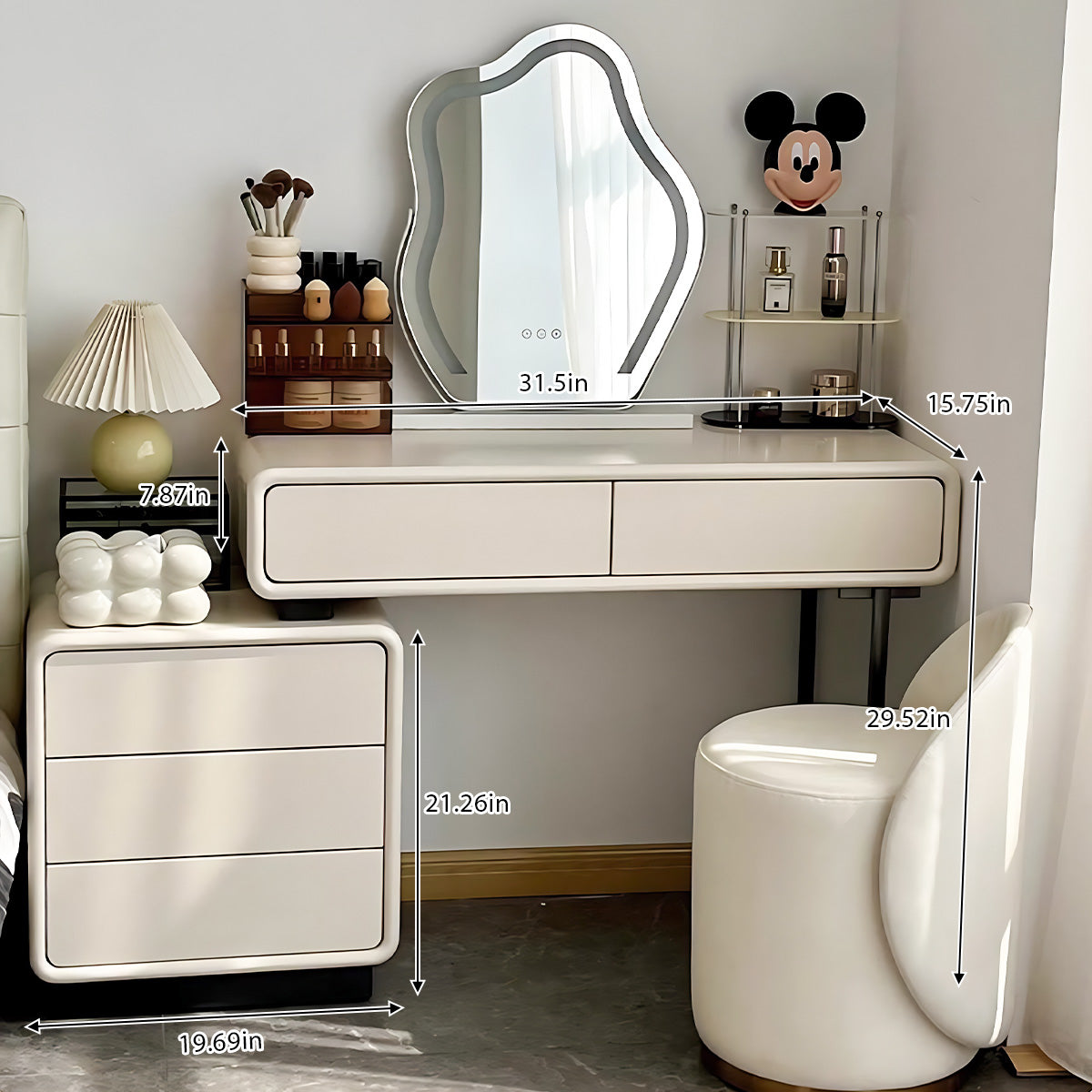 Cream Solid Wood Makeup Vanity with Cloud Mirror – Space-Saving Design for Modern Homes