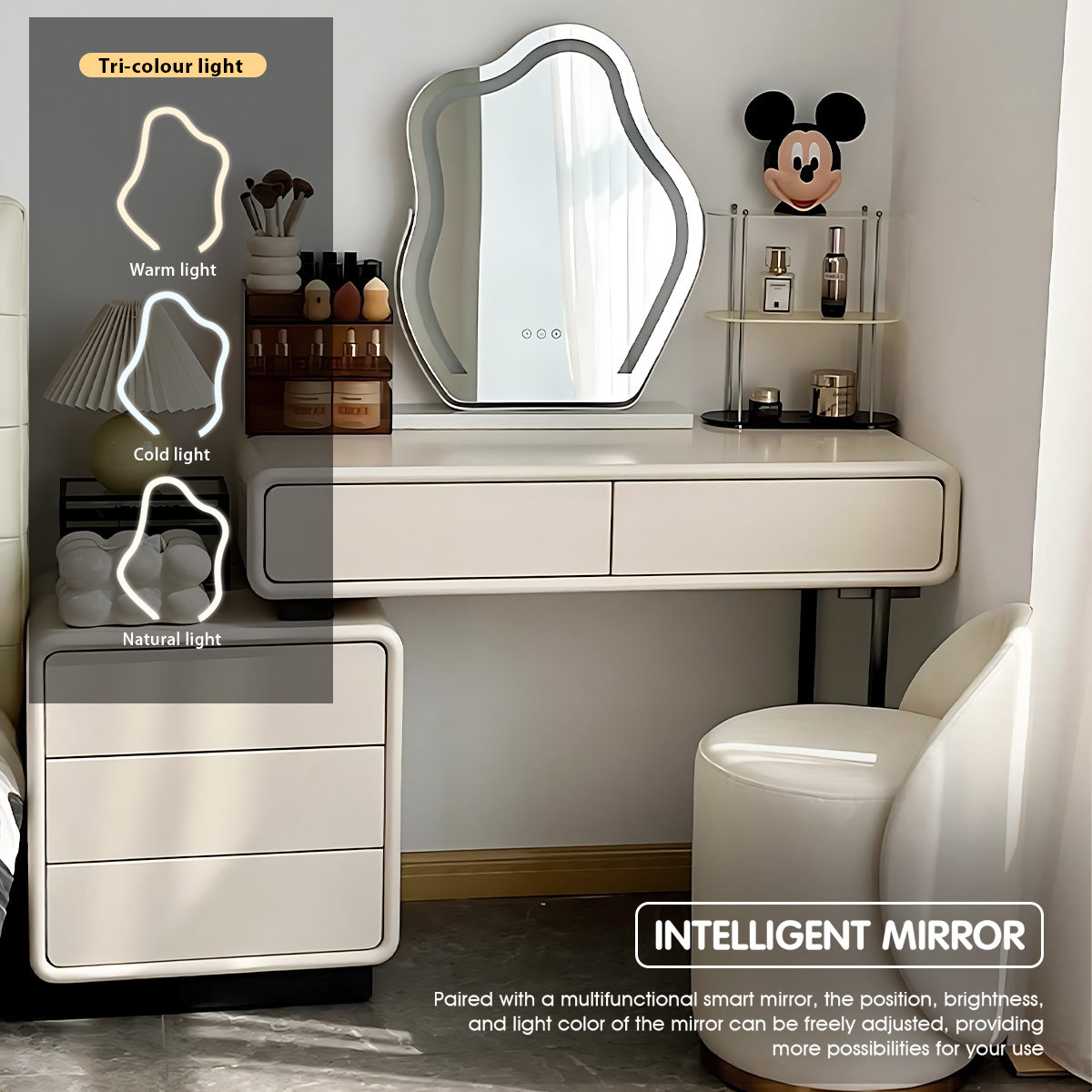 cream colour dressing table White 35.43 In.W Makeup Vanity Desk Wood Dressing Table with Mirrors, Drawers, C