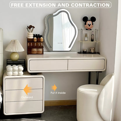 Cream Solid Wood Makeup Vanity with Cloud Mirror – Space-Saving Design for Modern Homes