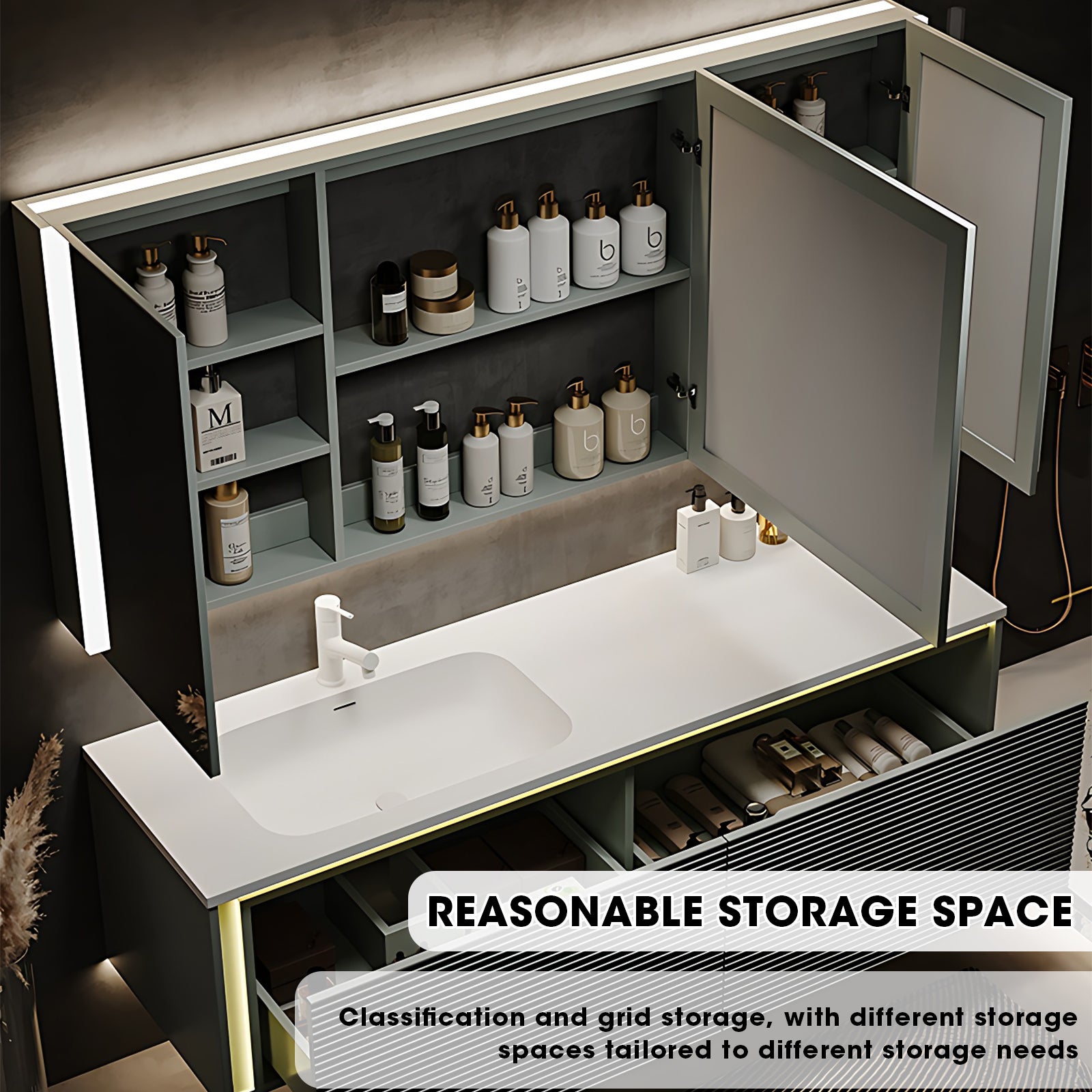 36"- 78" Single Sink Striped Bathroom Vanity Set with Large Storage Space Mirror Cabinet