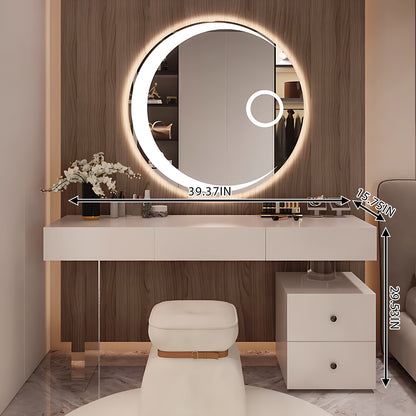 Solid Wood Makeup Desk with Circle Illuminated Mirror & Stool
