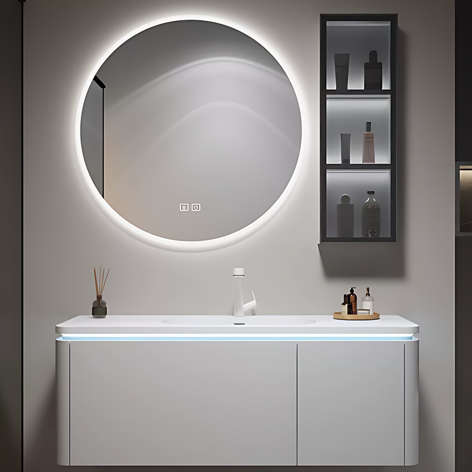 36"- 60" White Wall Mounted Bath Cabinet Set with Round Defogging Mirror and Sink