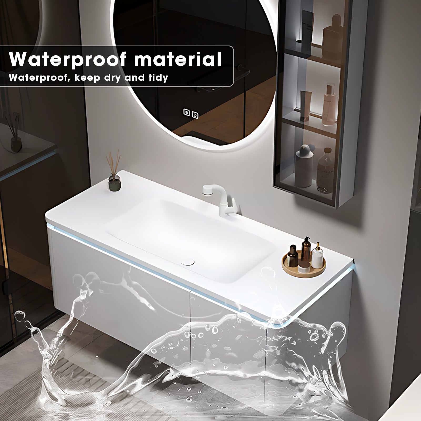 36"- 60" White Wall Mounted Bath Cabinet Set with Round Defogging Mirror and Sink