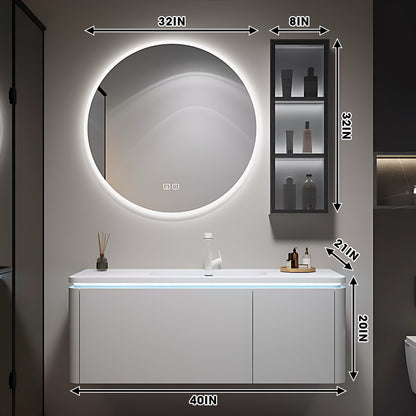 36"- 60" White Wall Mounted Bath Cabinet Set with Round Defogging Mirror and Sink
