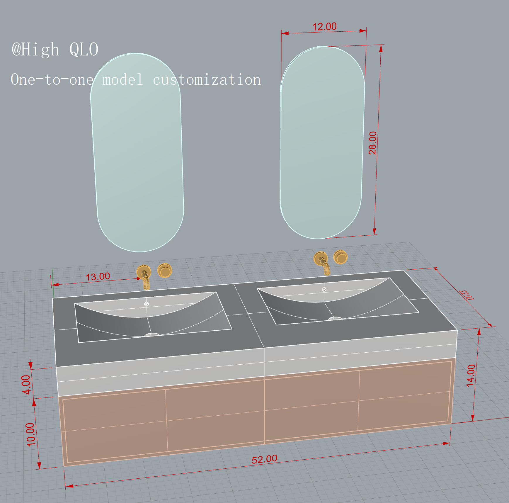 52" - 64" Wall Mounted Modern Bathroom Vanity with Double Sink Rock Slab Ceramic Basin