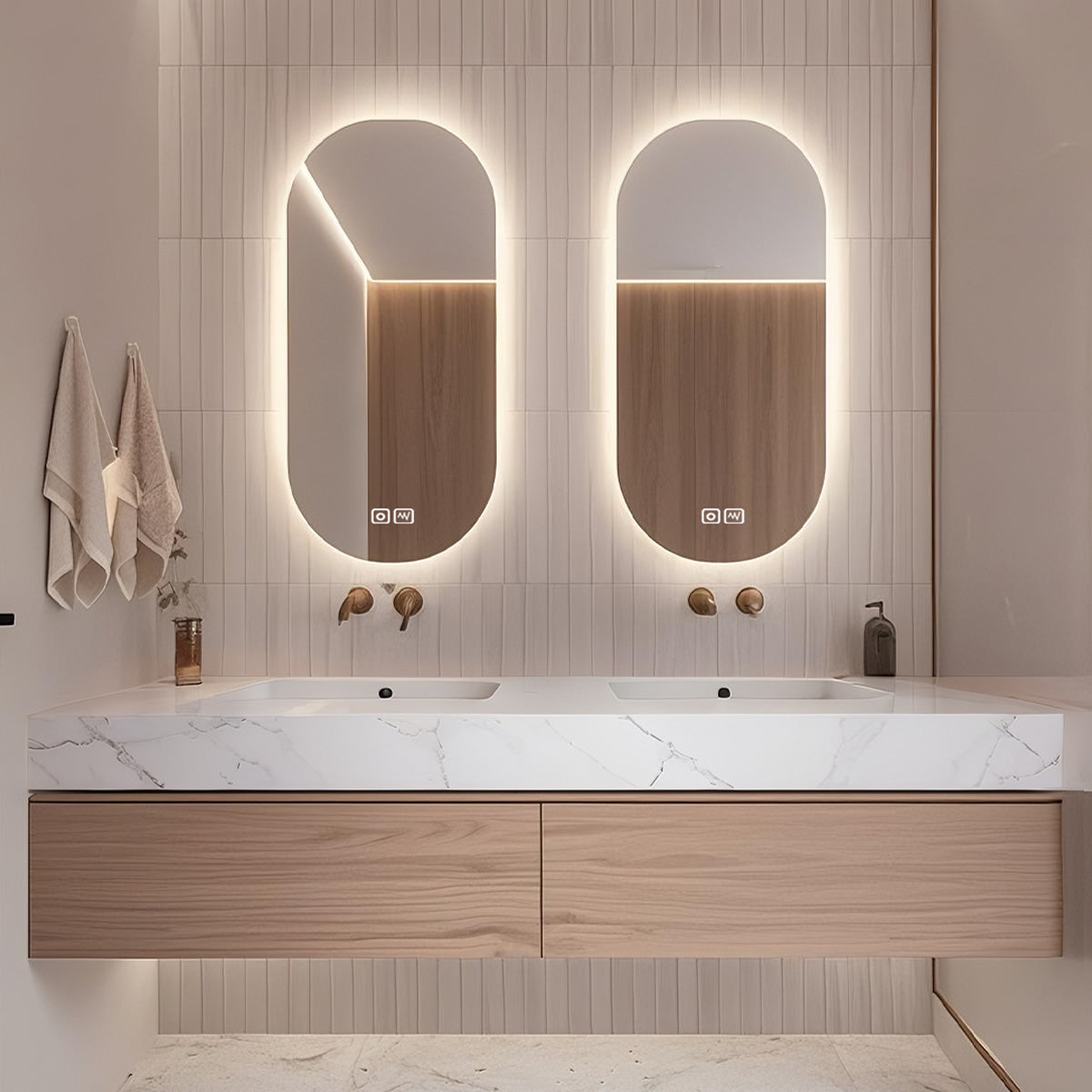 52" - 64" Wall Mounted Modern Bathroom Vanity with Double Sink Rock Slab Ceramic Basin