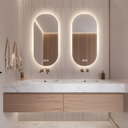 52" - 64" Wall Mounted Modern Bathroom Vanity with Double Sink Rock Slab Ceramic Basin