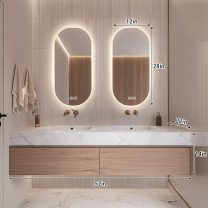 52" - 64" Wall Mounted Modern Bathroom Vanity with Double Sink Rock Slab Ceramic Basin