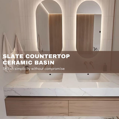 52" - 64" Wall Mounted Modern Bathroom Vanity with Double Sink Rock Slab Ceramic Basin