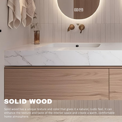 52" - 64" Wall Mounted Modern Bathroom Vanity with Double Sink Rock Slab Ceramic Basin