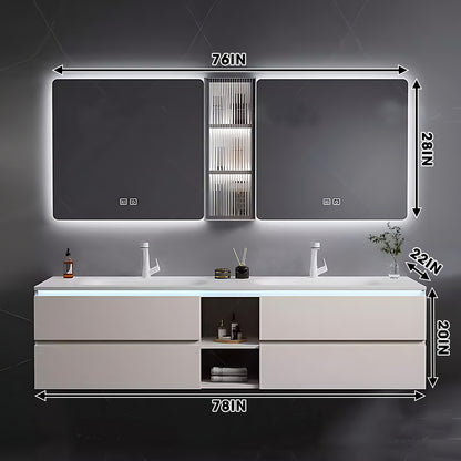 52"- 78" Double Basin White Floating Bathroom Vanity Set with Double Backlit Mirror