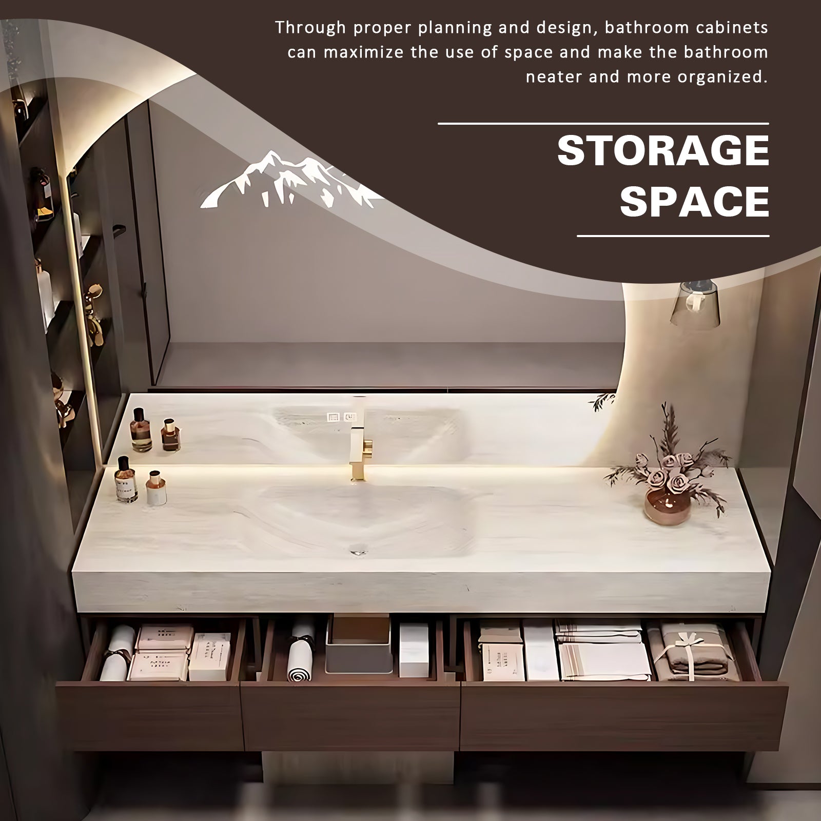 52"-76" Modern Solid Wood Bathroom Vanity with Mountain Silhouette Design and Ample Storage