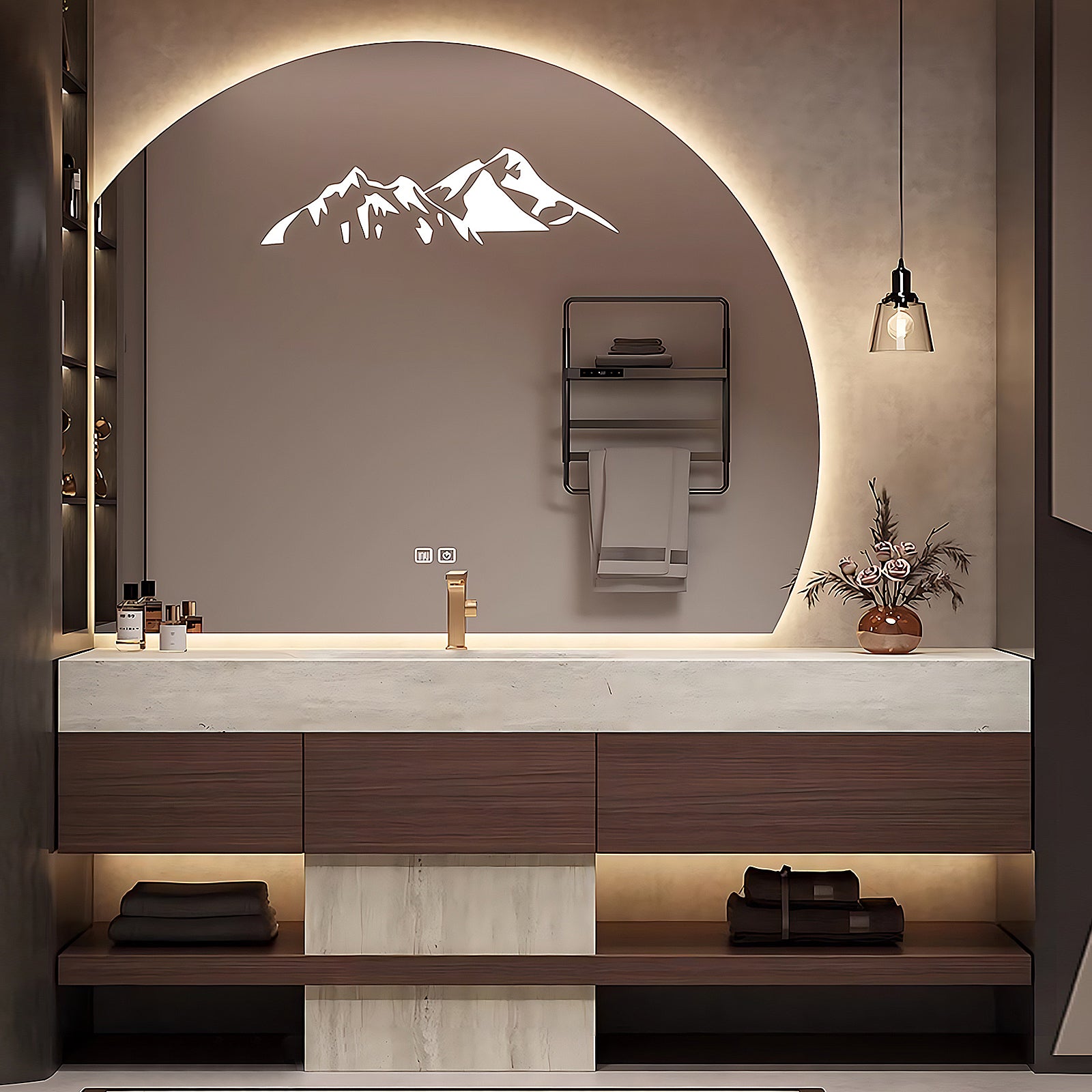 52"-76" Modern Solid Wood Bathroom Vanity with Mountain Silhouette Design and Ample Storage