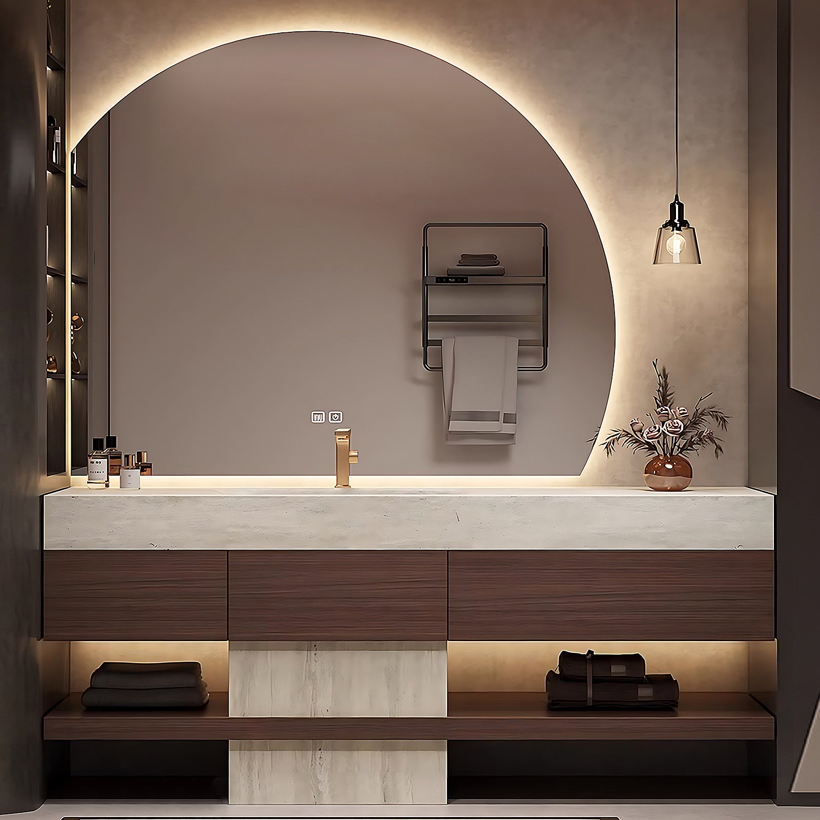 52"-76" Modern Solid Wood Bathroom Vanity with Mountain Silhouette Design and Ample Storage