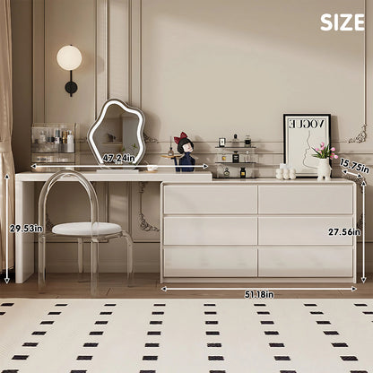 Creamy Solid Wood Makeup Vanity Unit with Cloud Mirror & Acrylic Stool for Bedroom Elegance