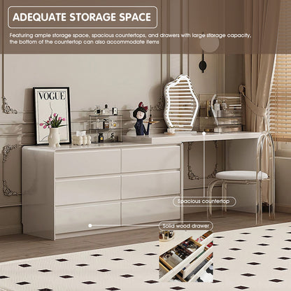 Creamy Solid Wood Makeup Vanity Unit with Cloud Mirror & Acrylic Stool for Bedroom Elegance