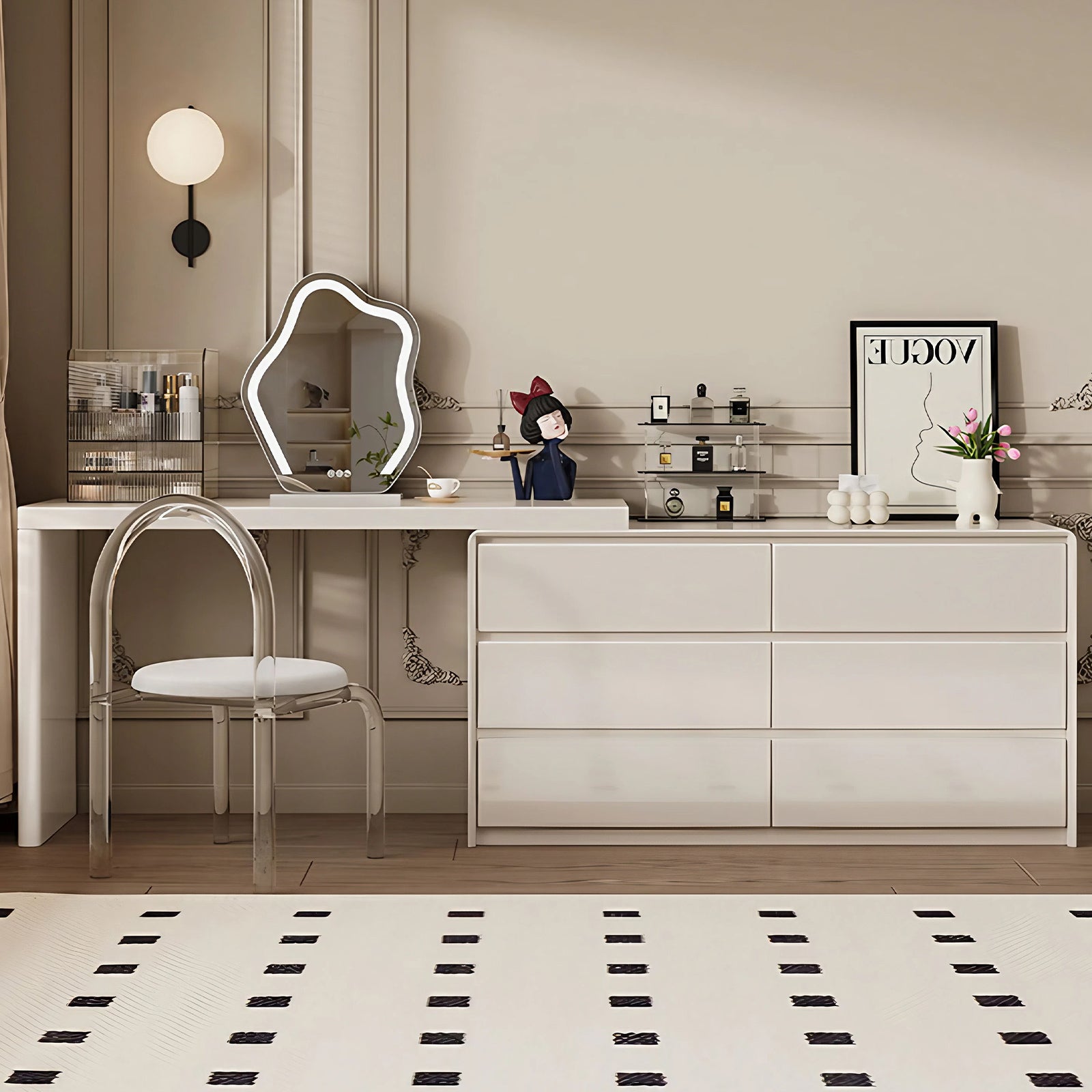 Creamy Solid Wood Makeup Vanity Unit with Cloud Mirror & Acrylic Stool for Bedroom Elegance