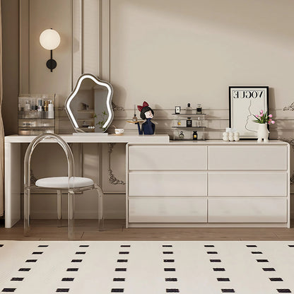 Creamy Solid Wood Makeup Vanity Unit with Cloud Mirror & Acrylic Stool for Bedroom Elegance