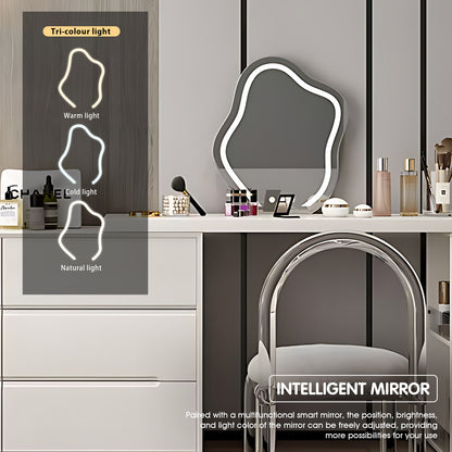 Adjustable Makeup Vanity Set with Smart Mirror, Stool & Space-Saving Design