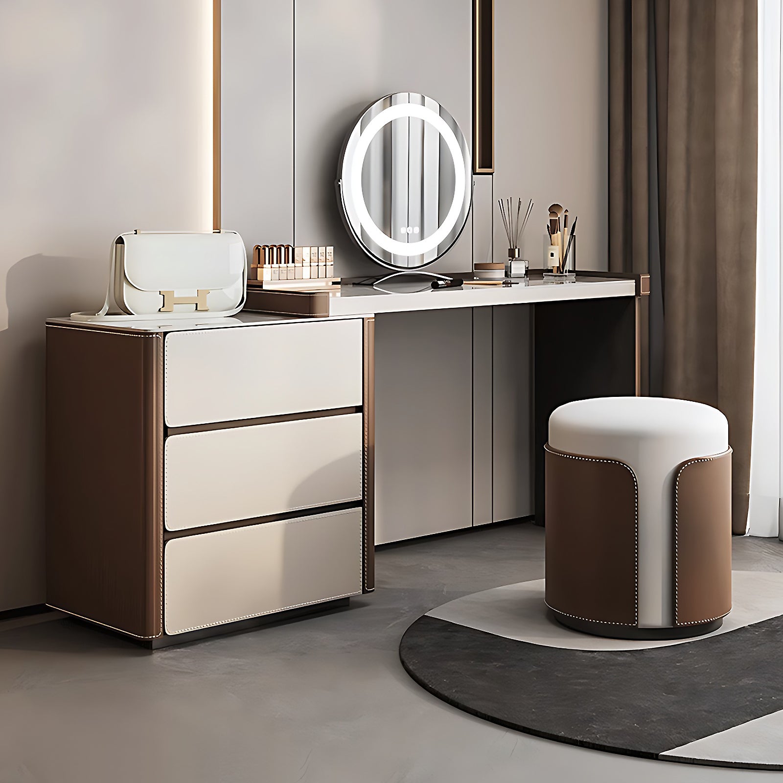 High-Quality Italian-Style Solid Wood Retractable Makeup Vanity with Luxurious Leather Finish