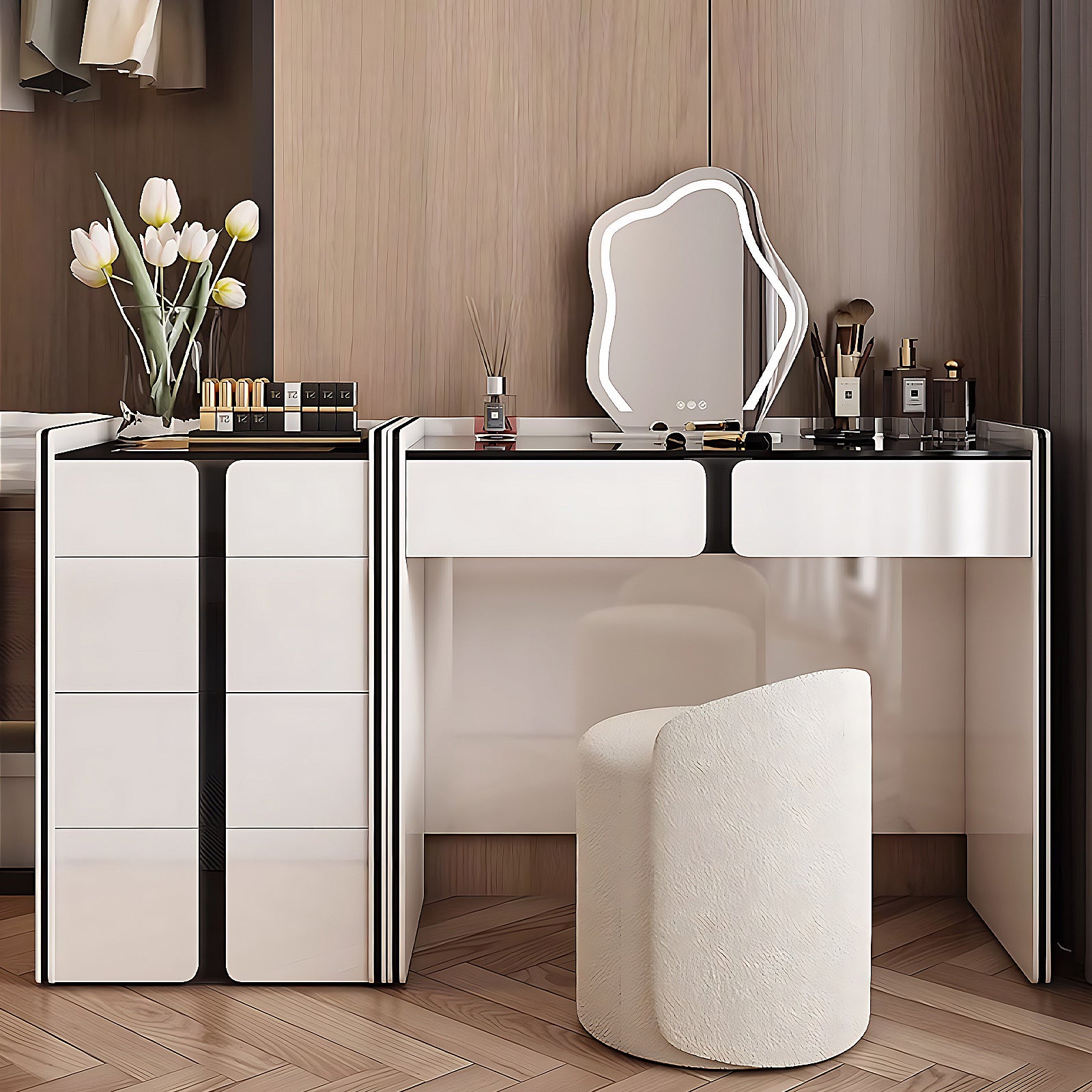 Modern Muse Makeup Vanity Ensemble with Visible Desktop and LED Mirror