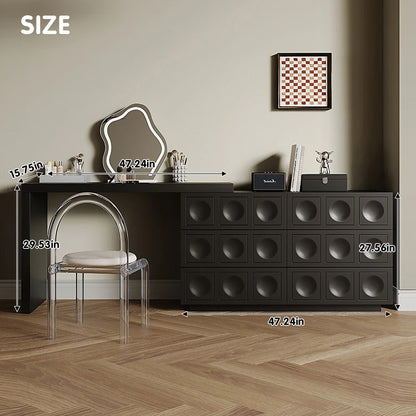 Contemporary Black Makeup Vanity Set with Stylish Mirror & Foldable Storage Cabinet for Beauty Space