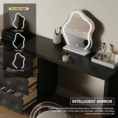 Contemporary Black Makeup Vanity Set with Stylish Mirror & Foldable Storage Cabinet for Beauty Space