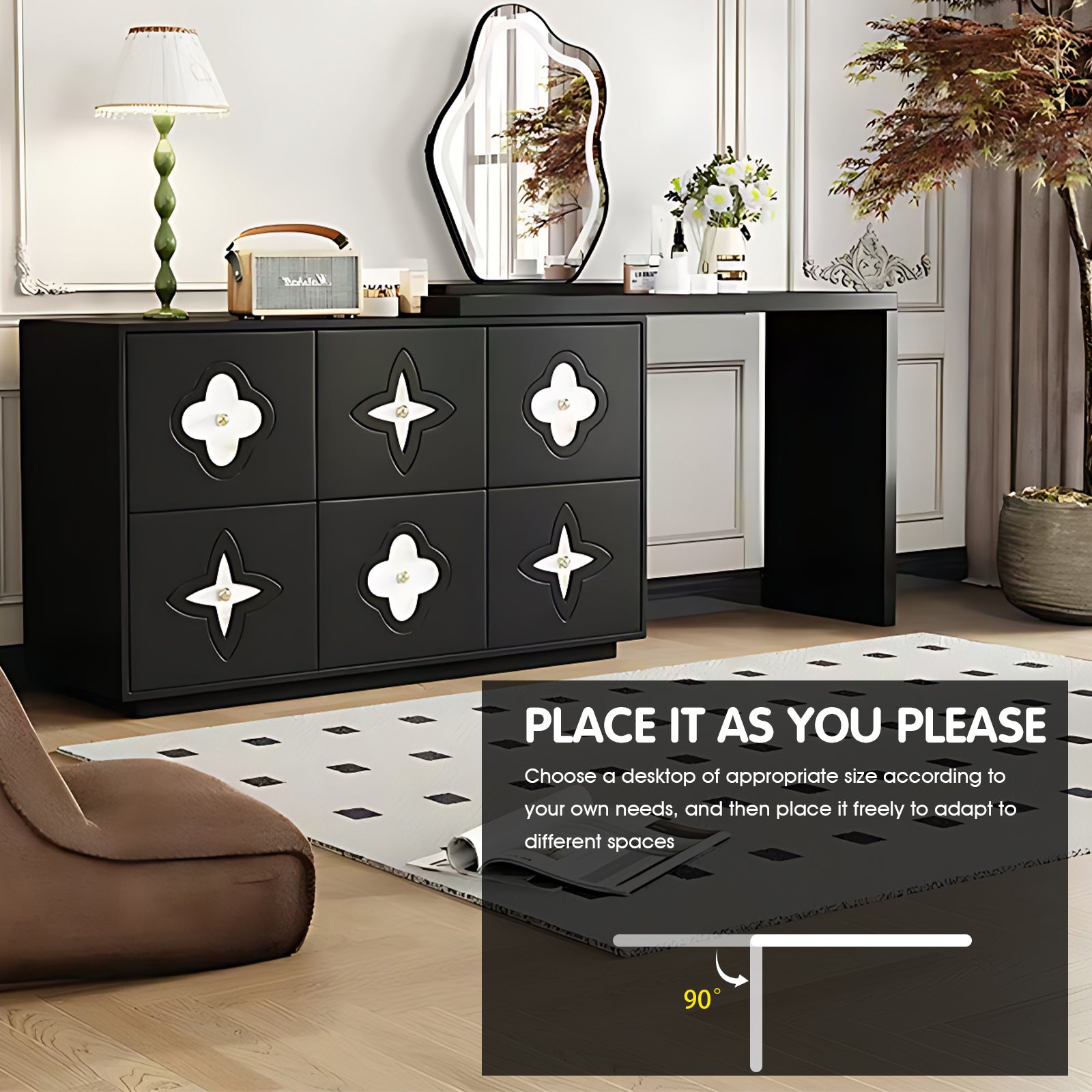 Stylish Black Makeup Vanity with Floral Pattern and Elegant Design for Modern Homes