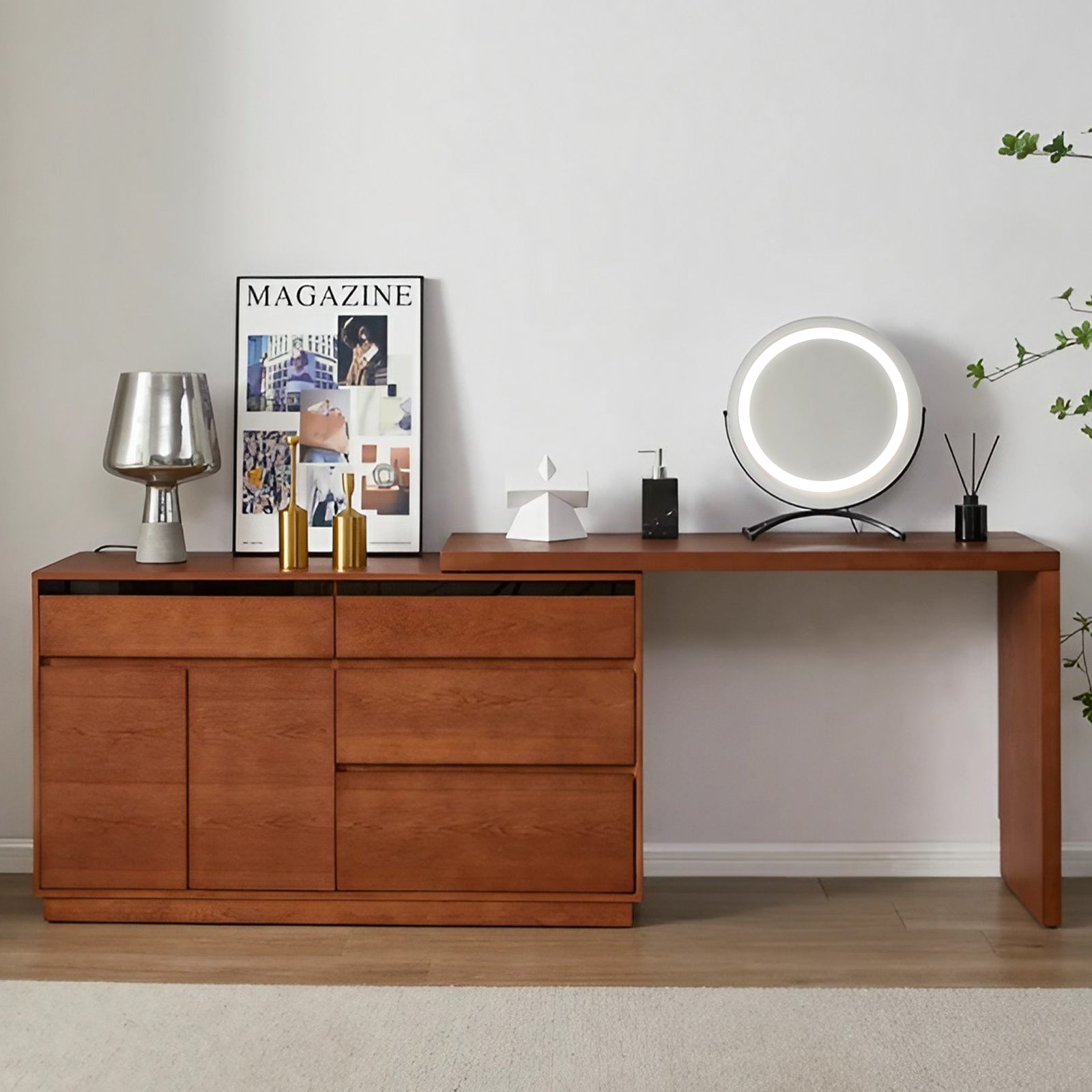 Vintage Style Walnut Makeup Vanity with Extendable Design and Ample Storage