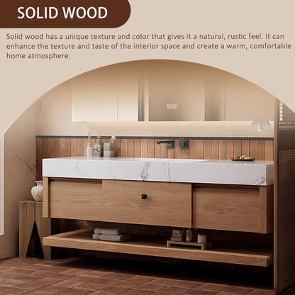 48" - 64" Wall Mounted Solid Wood Bathroom Vanity with Slate Countertop