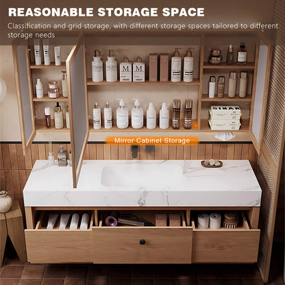 48" - 64" Wall Mounted Solid Wood Bathroom Vanity with Slate Countertop